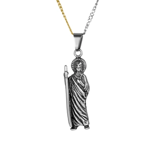 Vintage silver St. Jude pendant with dual-tone gold and silver chain on white background
