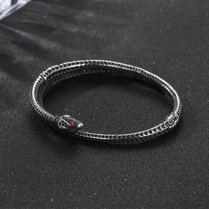 Bracelet serpent rétro en acier titane avec yeux en zircone rouge et finition argentée