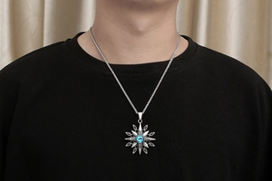 Detailed view of men's octagram necklace with evil eye pendant on a black T-shirt