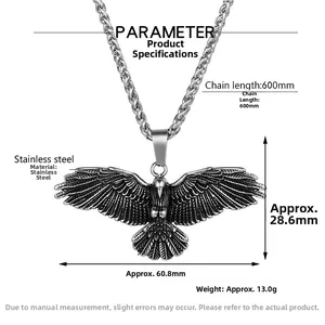 Dimensions techniques du pendentif aigle en acier inoxydable avec chaîne de 600 mm