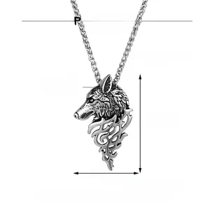 Paramètres de taille détaillés du pendentif tête de loup en acier inoxydable poli