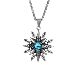 Vintage Stainless Steel Octagram Evil Eye Pendant Necklace Gothic Eight Pointed Star Blue Rhinestone Jewelry For Men Women