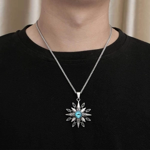 Retro stainless steel necklace with octagram devil eye pendant on a male model