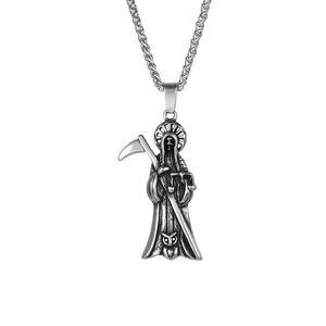 Vintage Stainless Steel Grim Reaper Pendant Necklace Gothic Santa Muerte Skull Scythe Necklace Jewelry For Men Silver Tone