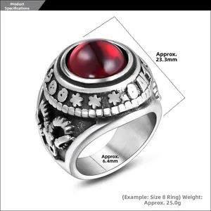 Macro shot of vintage titanium steel ring featuring red agate inlay and engraved details