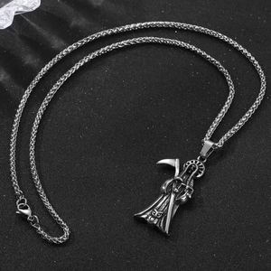 Gothic grim reaper necklace with scythe pendant in matte silver stainless steel finish