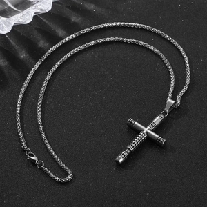 Retro titanium steel cross pendant necklace with textured industrial cylindrical design