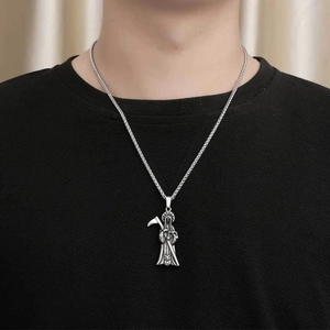 Vintage Grim Reaper pendant necklace for men with scythe detail and silver finish