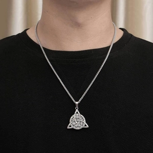 Men's titanium steel triangle pendant necklace with mystic symbols on Chopin chain