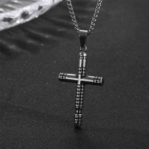 Retro cross pendant necklace in titanium steel with industrial knurled texture