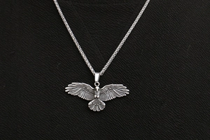 Gros plan du collier pendentif aigle avec détails de plumes et finition argentée