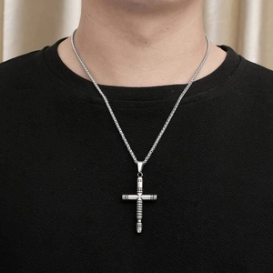 Men's vintage cross pendant necklace with mesh texture and silver woven chain
