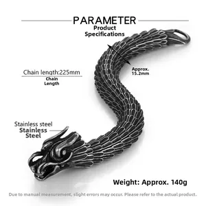 Macro detail showing technical parameters and dimensions of the dragon scale steel bracelet