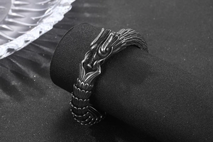Detailed view of retro dragon scale texture and dragon head clasp on titanium steel bracelet