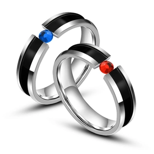 Fashion Titanium Steel Rhinestone Ring Geometric Inlaid Blue Red Stone Polished Stainless Steel Ring Band Jewelry For Couples