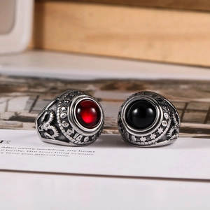 Gothic vintage titanium steel rings with red and black agate stones and skull carvings