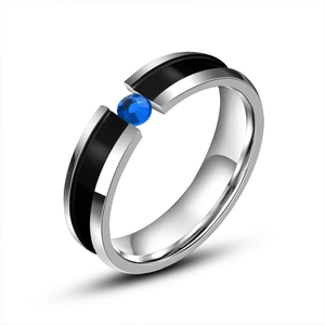 Titanium steel ring with dual black stripes and a round blue center gemstone