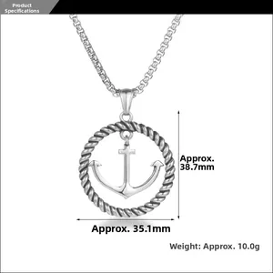 Vue détaillée du pendentif ancre argenté avec texture corde montrant taille et poids