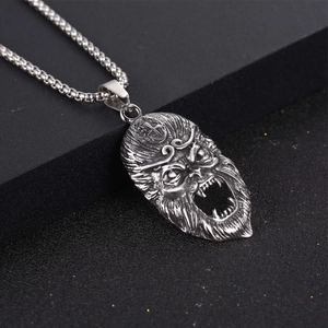 Retro titanium steel Monkey King mask pendant necklace with vintage silver punk finish