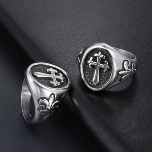Gothic vintage stainless steel ring featuring sword cross and fleur-de-lis engraving