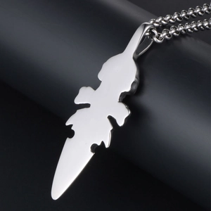 Pendentif tête de mort et plume en acier poli avec chaîne à billes pour un style rock