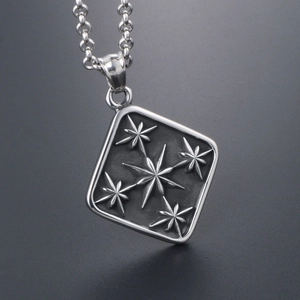 Vintage titanium steel square pendant necklace featuring an embossed eight-point star motif