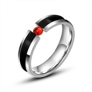 Polished titanium steel ring with black inlay and a single red zircon gemstone