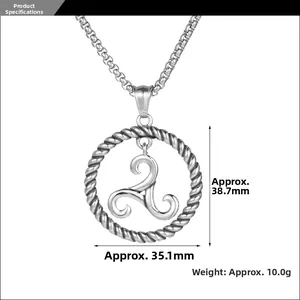 Detailed technical diagram of Triskelion pendant showing dimensions 38.7mm by 35.1mm