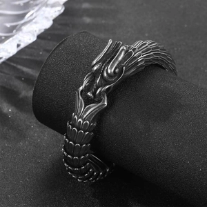 Vintage stainless steel dragon scale bracelet with intricate engraved punk metal finish