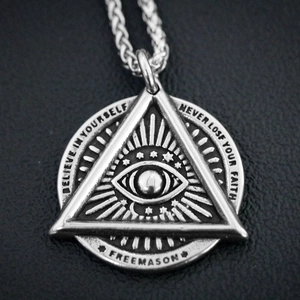 Vintage stainless steel all-seeing eye triangle pendant necklace on black background
