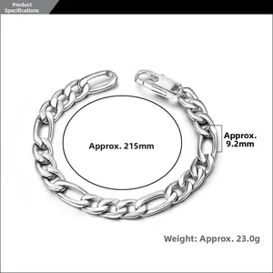 Detail of silver Figaro chain bracelet with lobster clasp and dimensional specifications