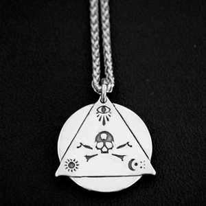 Vintage stainless steel necklace with triangular devil eye pendant and skull engraving