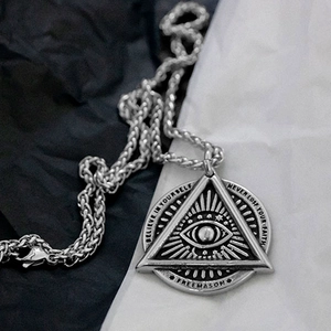 Retro stainless steel triangle necklace featuring All-Seeing Eye and engraved motto
