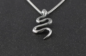 Macro detail van zilveren roestvrijstalen slangenhanger met geschubde textuur en ketting