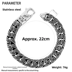 Macro detail of men's stainless steel snake link bracelet with size and weight parameters