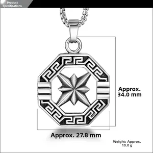 Macro shot of stainless steel octagon pendant showing 34mm height and greek key pattern
