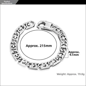 Vue détaillée du bracelet gourmette en acier de 215 mm avec dimensions et fermoir homard