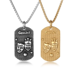 Gemini Sternbild Edelstahl Anhänger Halskette Vintage Hip Hop Maskenrelief Quadratische Karte Schmuck Geschenk Für Herren