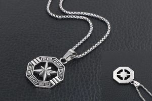 Detail of octagon titanium steel pendant with Greek key border and star relief on box chain