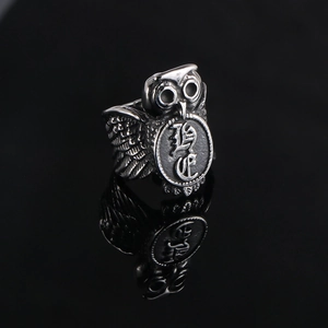 Vintage silver owl ring in titanium steel with detailed feathers and round engraved plate