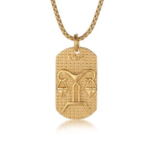 Gold Libra zodiac pendant necklace in polished stainless steel for men on white background