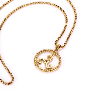 Polished gold titanium steel triskelion pendant necklace with braided spiral design
