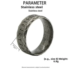 Detail view of 8mm vintage stainless steel Viking Rune ring showing width and texture