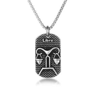 Vintage stainless steel Libra necklace with rectangular relief pendant and square pearl chain