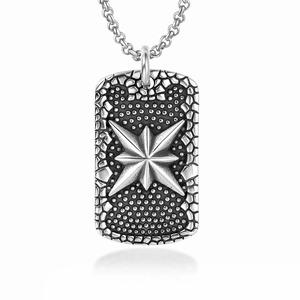 Vintage Stainless Steel Dog Tag Pendant Necklace For Men Women Eight-pointed Compass Star Embossed Rectangular Plate Punk Jewelry