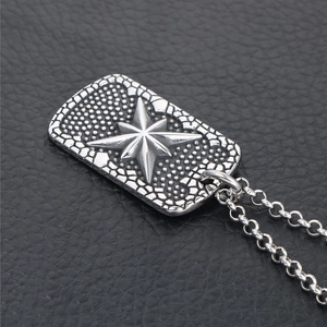 Retro stainless steel military tag necklace with embossed compass star and chain