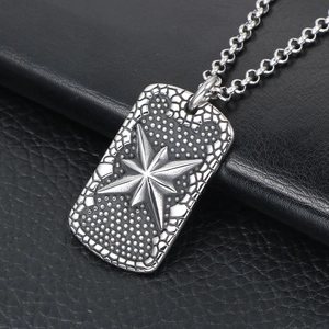 Titanium steel dog tag necklace with embossed star pendant on black leather