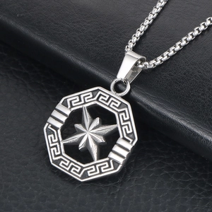 Vintage stainless steel octagonal star necklace with Greek meander patterns for men