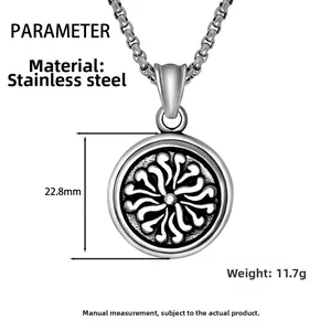 Detail showing retro stainless steel round pendant with 22.8mm diameter and embossed pattern