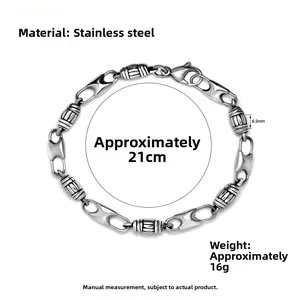 Detailed view of stainless steel cylinder link bracelet with dimensions 21cm and 6.5mm